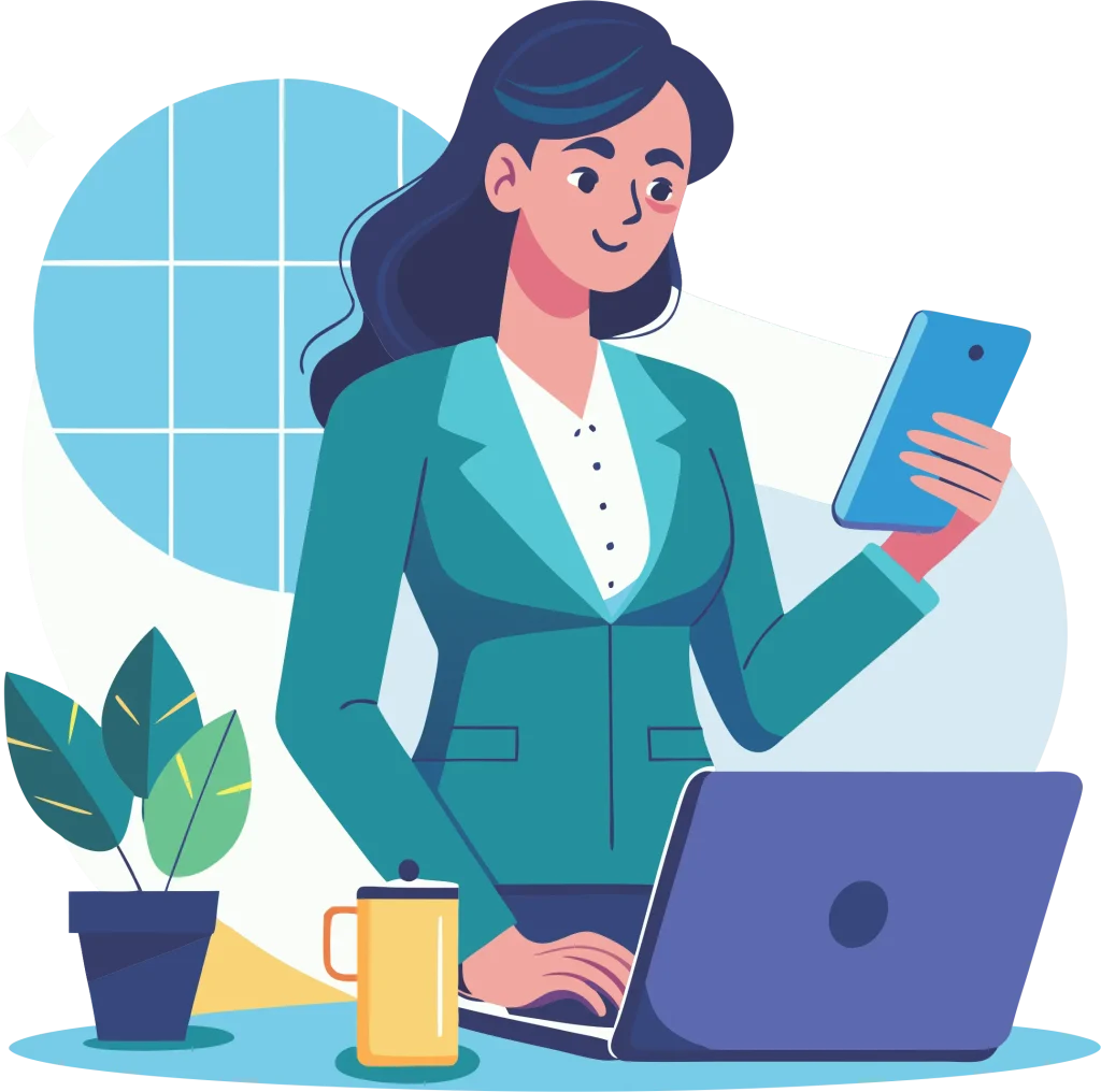 Mujer profesional utilizando celular y laptop para gestionar servicios digitales